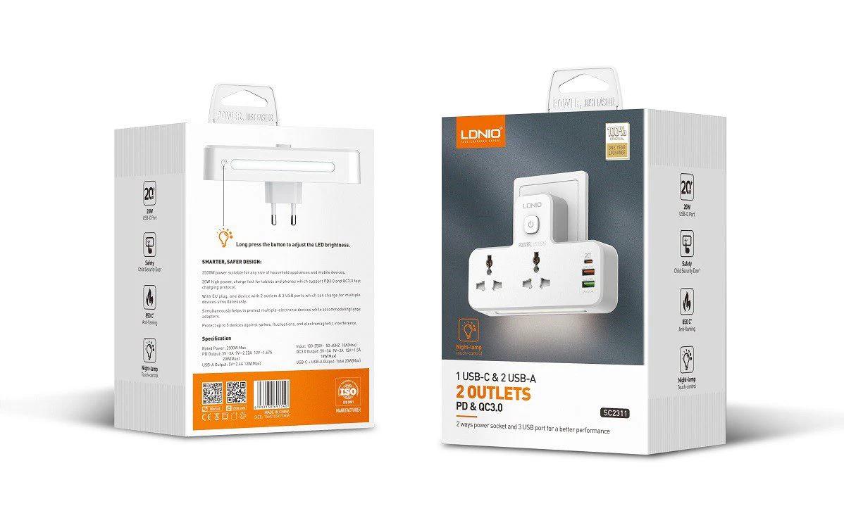 وصلة كهرباء LDNIO SC2311 متعددة المنافذ مع شحن USB سريع 20 واط - View 1